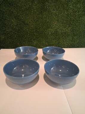 Lot of 4 Royal Norfolk Blue Embossed Ribbed Stoneware Cereal Soup Bowls 6" Set
